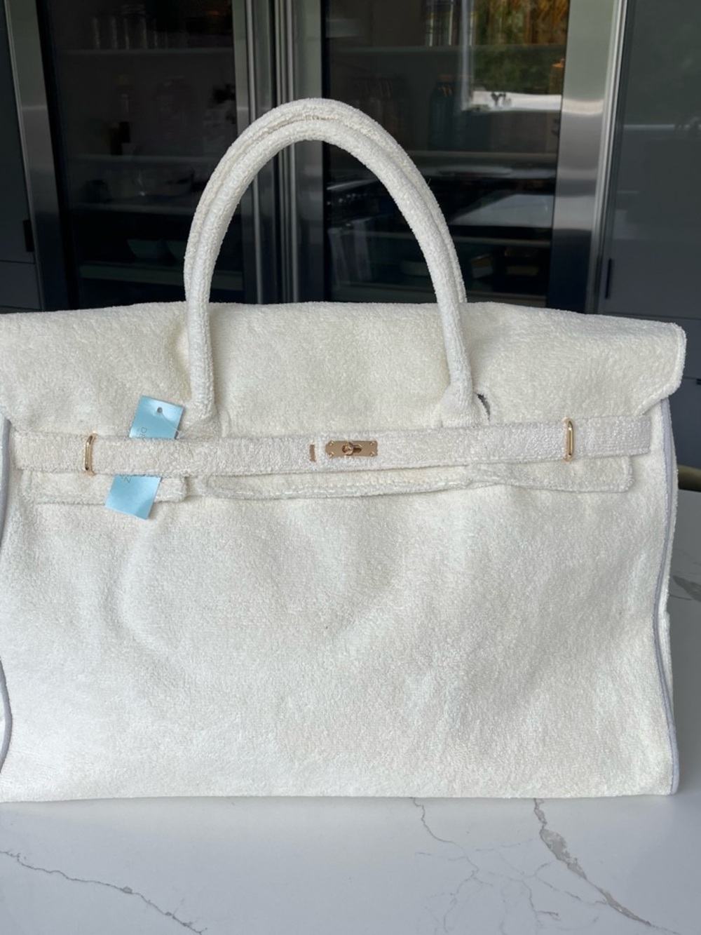 Cream with grey stripe terry cloth Women's Birkin Tote Bag with Gold Hardware -